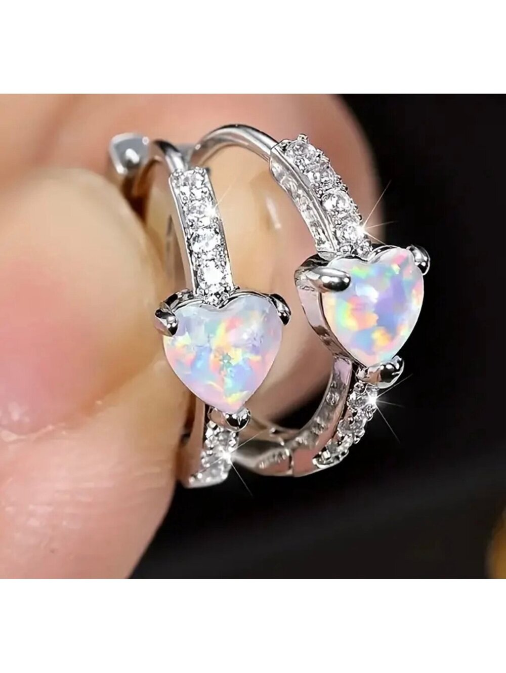 New - Gorgeous -Heart-Shaped Opal & Cubic Zirconia - Huggie Hoop Earrings